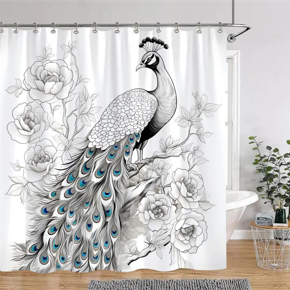 Vintage Peacock Shower Curtain Beautiful Turquoise Blue Peacock Floral Polyester Fabric Shower Curtain Bathroom Decor with Hooks