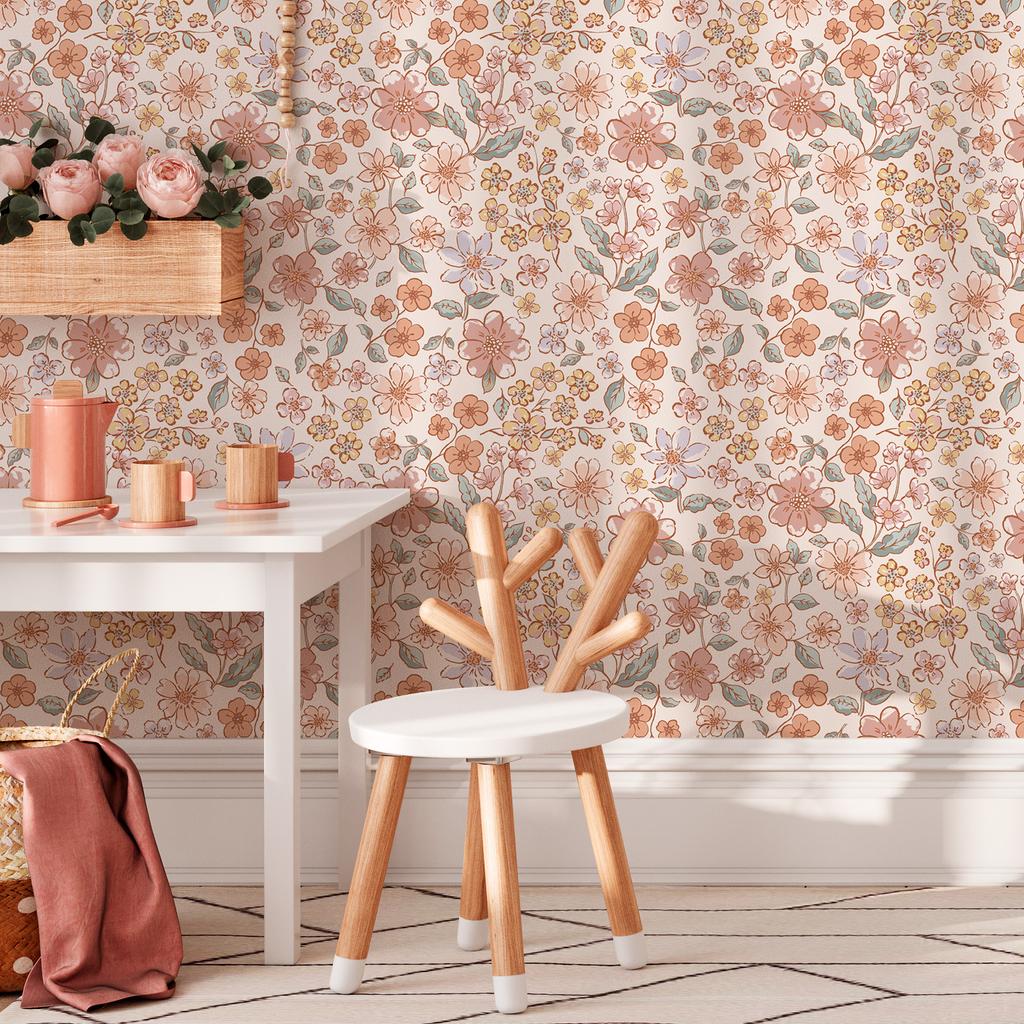 Vintage Pink Floral Wallpaper Peel and Stick Wall Paper Blossom Renter Friendly Self Adhesive Contact Paper for Kid's Bedroom