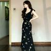 French Black Floral Dress Children's Summer New Temperament Waist Thin Flying Sleeves Fishtail Dress