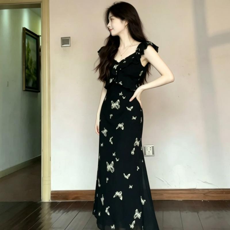 French Black Floral Dress Children's Summer New Temperament Waist Thin Flying Sleeves Fishtail Dress