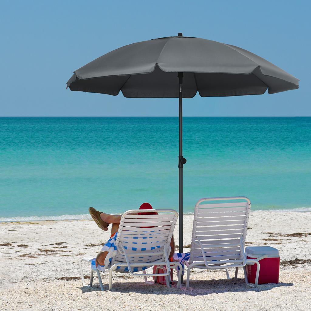 Tilted Beach Umbrella UV 50+ Protection With 8 Fiberglass Ribs Diameter 180 Cm Dark Gray