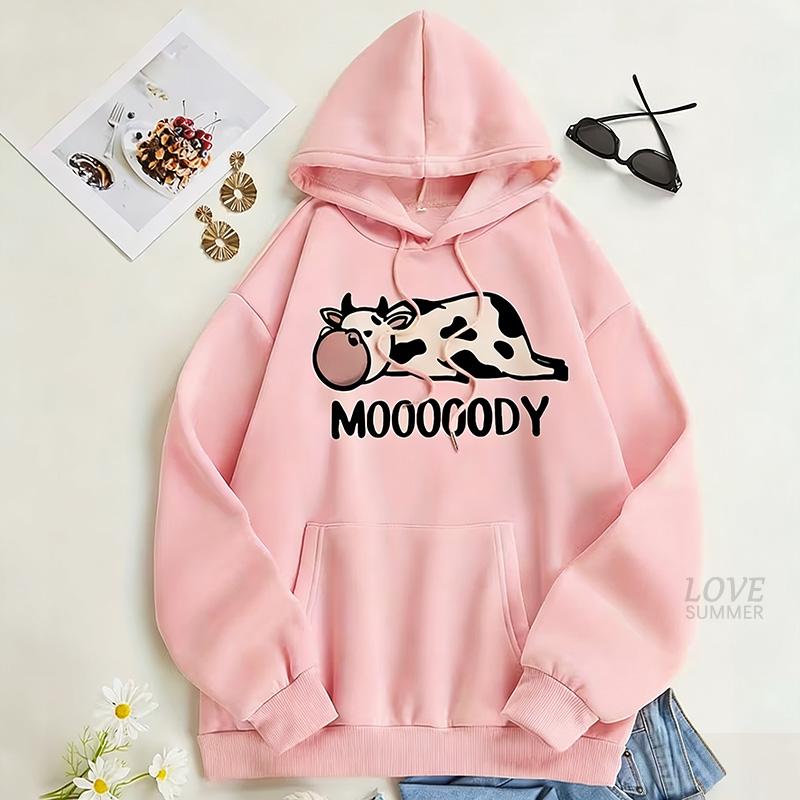 Cow Letter Print Drawstring Hoodie S-3XL spring hoodie Casual Long Sleeve Pocket Hoodie Sweatshirt Women's Clothing