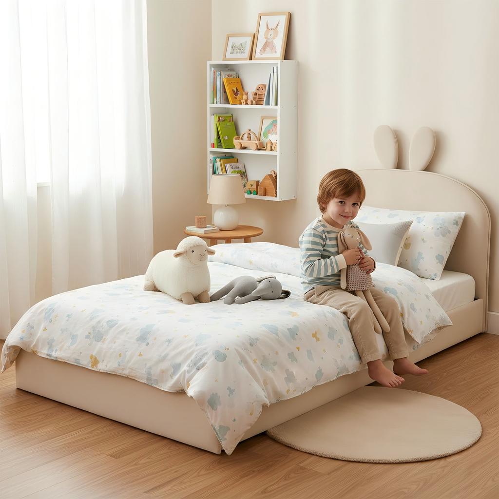Rabbit Headboard Upholstered Bed, Children's Bed with Wooden Slats, Single Bed, Velvet, Beige, 90x200cm