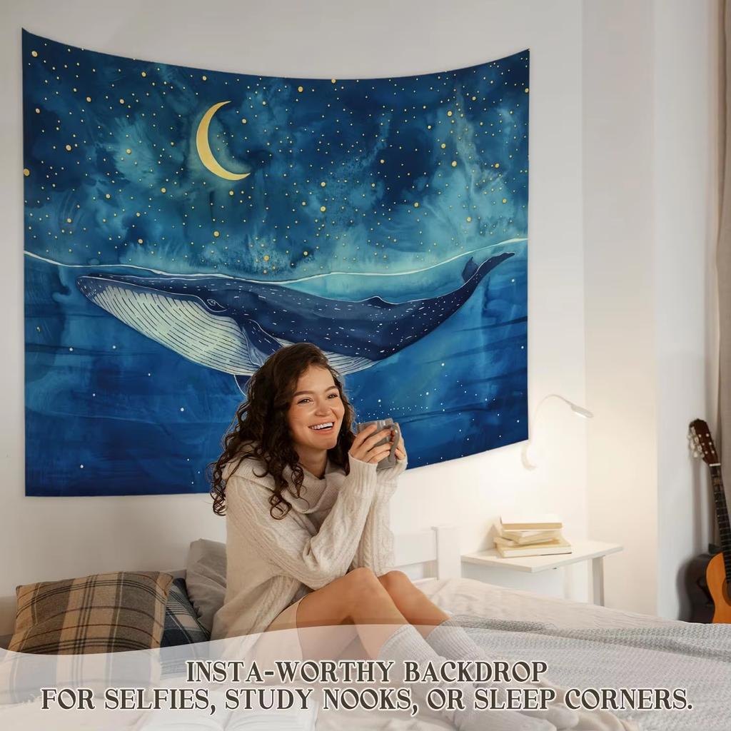 Whale Ocean Starry Night Tapestry, Blue Sea Wall Art For Kids Bedroom Nursery Dorm Home Decor