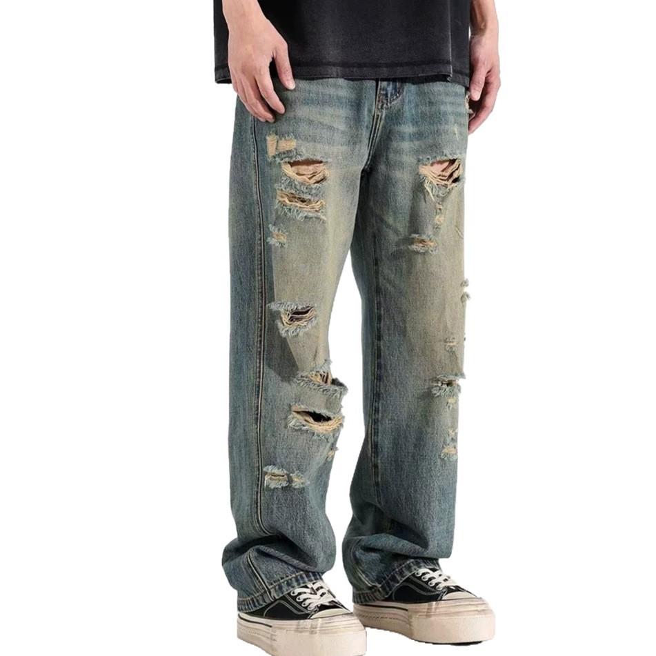 American summer ripped jeans men's new loose straight men's wide-leg jeans