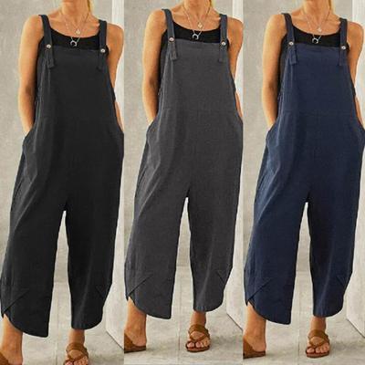 Fashion Jumpsuit Solid Color Loose Women Shoulder Strap Pockets Romper for Daily Wear