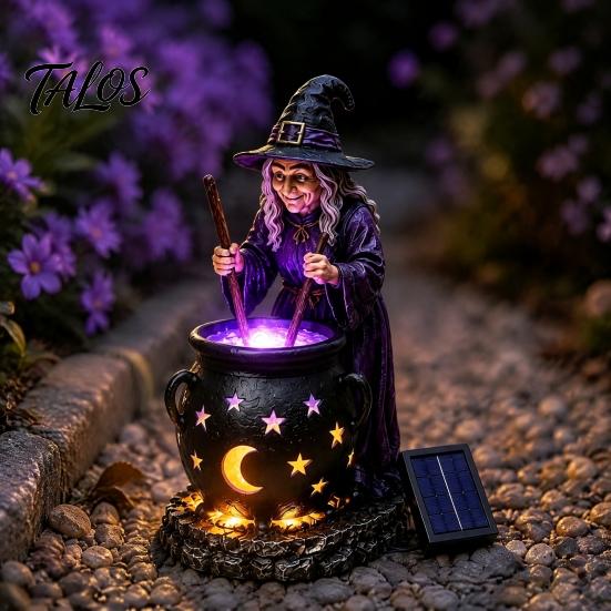 Pryskyřičný kotel čarodějnice Solární soška se svítícím kotlíkem, Venkovní Halloweenské zahradní světlo, Strašidelná dekorativní figurka pro dvorek trávník verandu cestičku