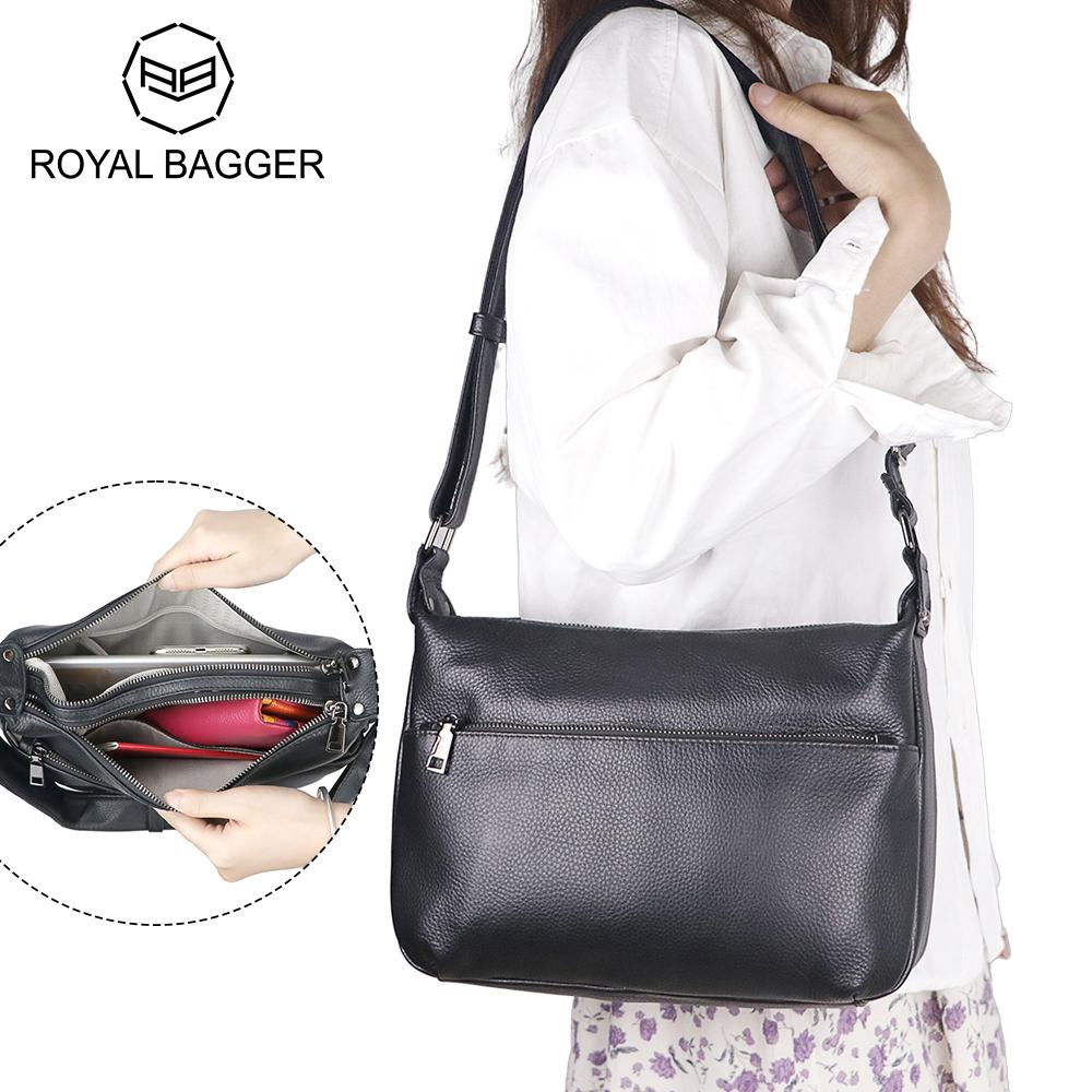 

Женские сумки через плечо из натуральной кожи Royal Bagger, повседневная сумочка через плечо, маленькая сумка-мессенджер с регулируемым ремешком 1812 чёрный