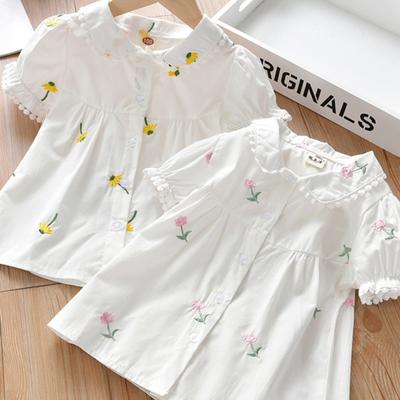 Chemise blanche à manches courtes pour enfants, chemise à fleurs pour filles, été 2023
