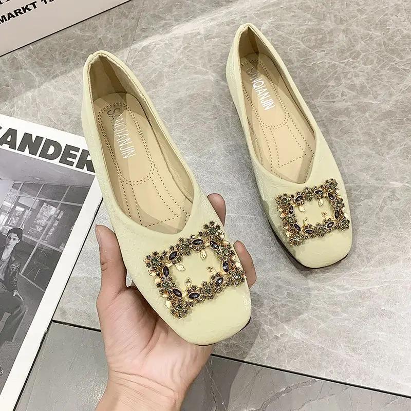 Fashion With Crystals Green Shoes for Women Diamond Square Toe Woman Flats Rhinestone on Promotion Low Price Chic and Elegant Wholesale