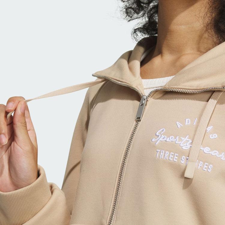 Adidas Verbiage Full-Zip Embroidered Hooded Jacket Women Outerwear Magic-Light-Brown IZ4568