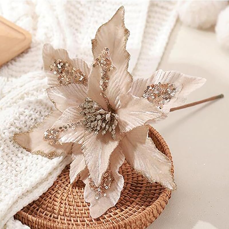 vctops 6 Pcs Christmas Poinsettia Artificial Flowers Shining Glitter Artificial Flower for Xmas Tree Wreath Ornaments New Year Wedding Party Holiday