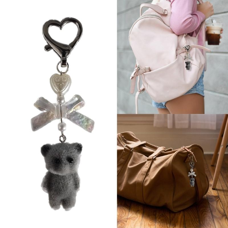 Handmade Bowknot Keychain Bear Cat Pendant Keyring Fashionable Bows Phone Lanyard Ornament Accessory for Keys Bag Purse