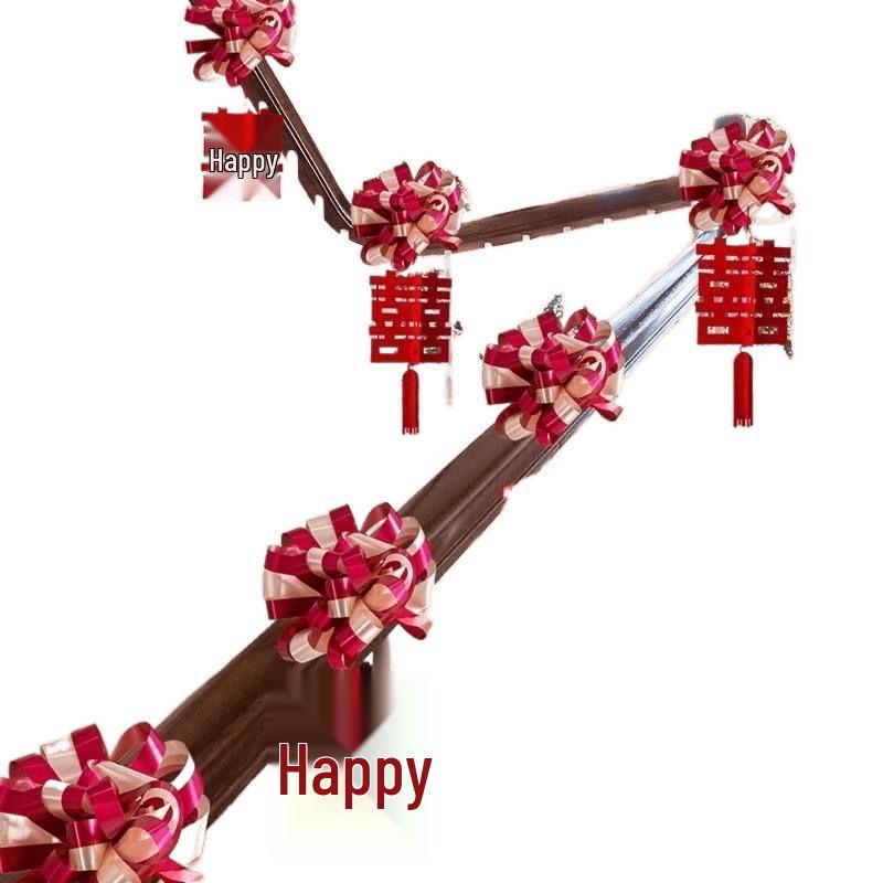 Double Happiness Ribbon & Flower Stair Railing Decoration for Wedding Room