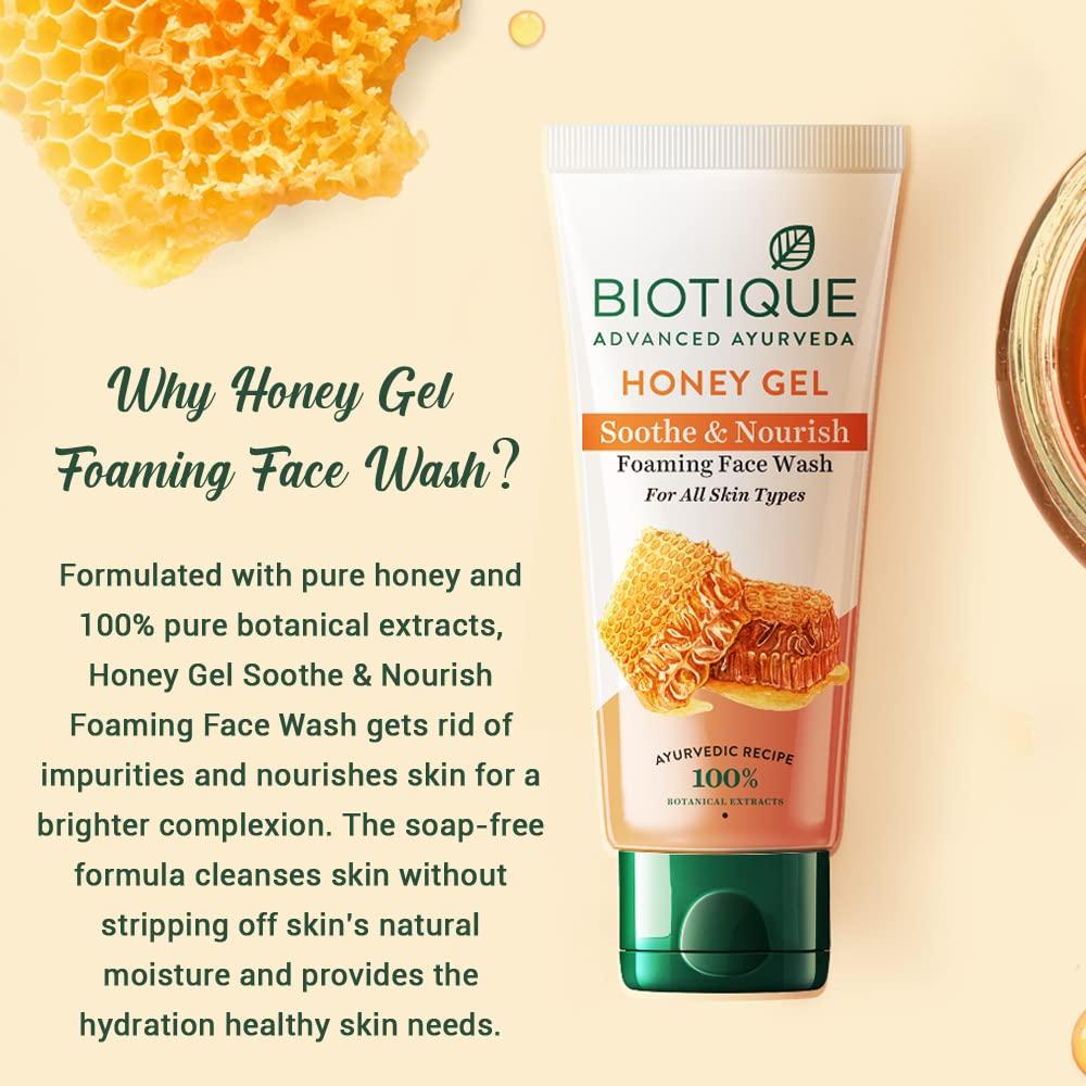 Biotique Honey Gel Foaming Face Wash 100ml | Soap Free Hydrating Cleanser | Reduce Dryness | 100% Botanical Extracts | All Skin Types