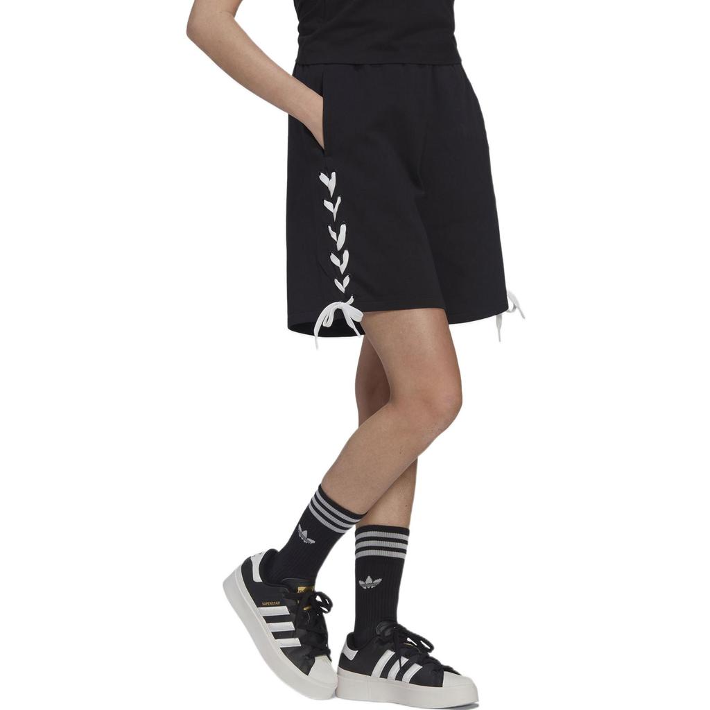 Adidas Originals Trefoil Side Striped Elastic Waist Loose Straight Casual Shorts Women Bottoms Black HS2602