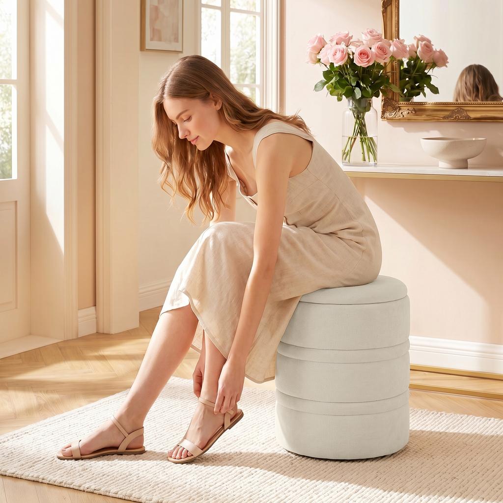Chenille Storage Ottoman with Lid, Round Stool, Beige