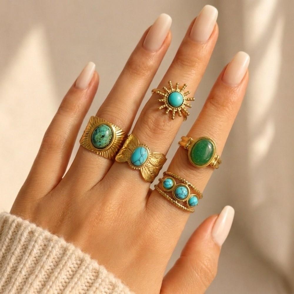 Turquoise Green Stone Turquoise Stone Ring Stainless Steel Boho Ring Finger Accessories