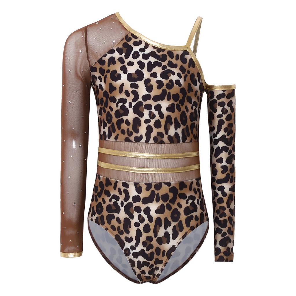 Kids Girls Leopard Printed Gymnastics Ballet Leotards Dance Performance Costume Rhinestones Caveman Jumpsuit with Oversleeve