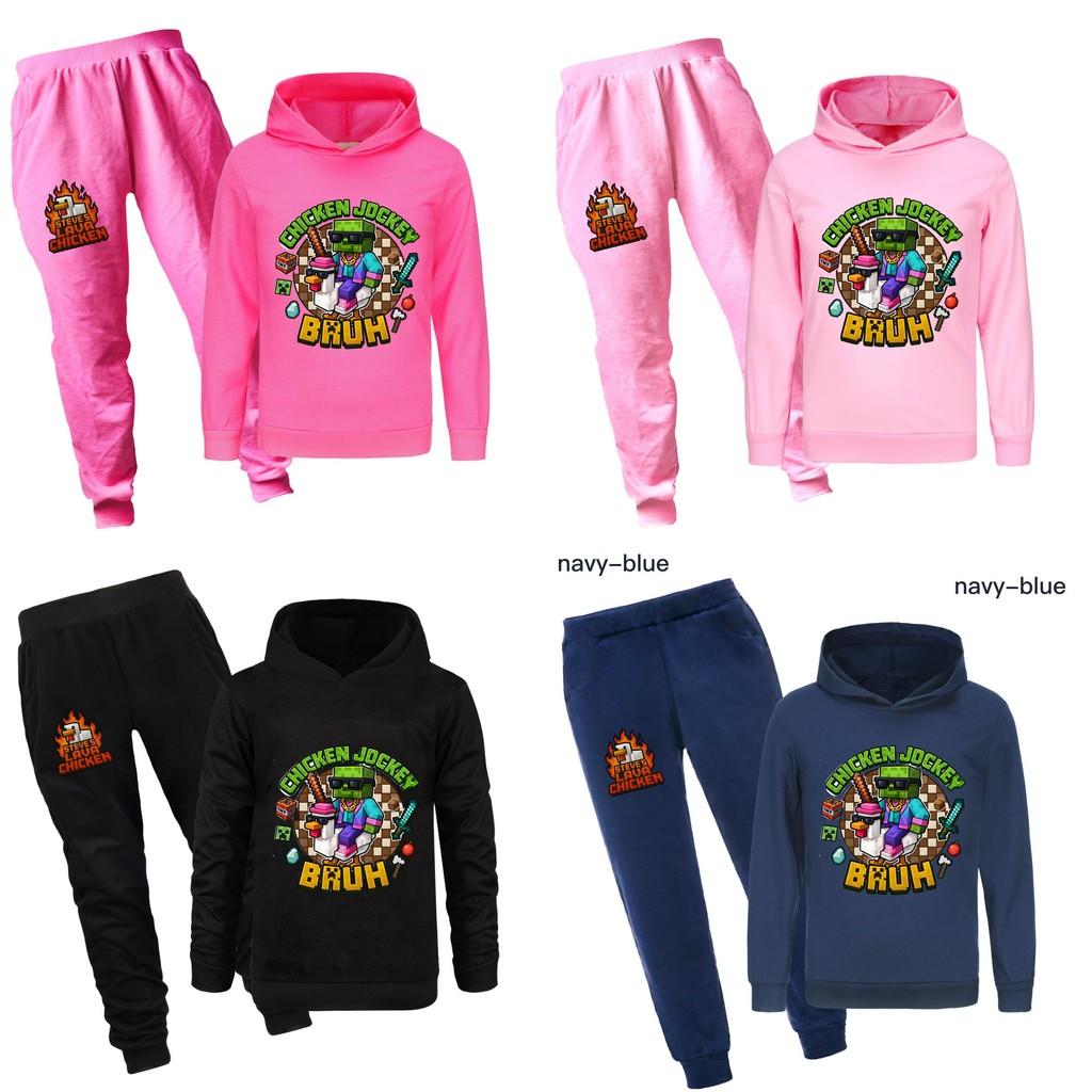 Minecraft Hühner-Jockey Kinder Cartoon Hoodie und Hose Set Aus Baumwolle Für Lässige Winterkleidung