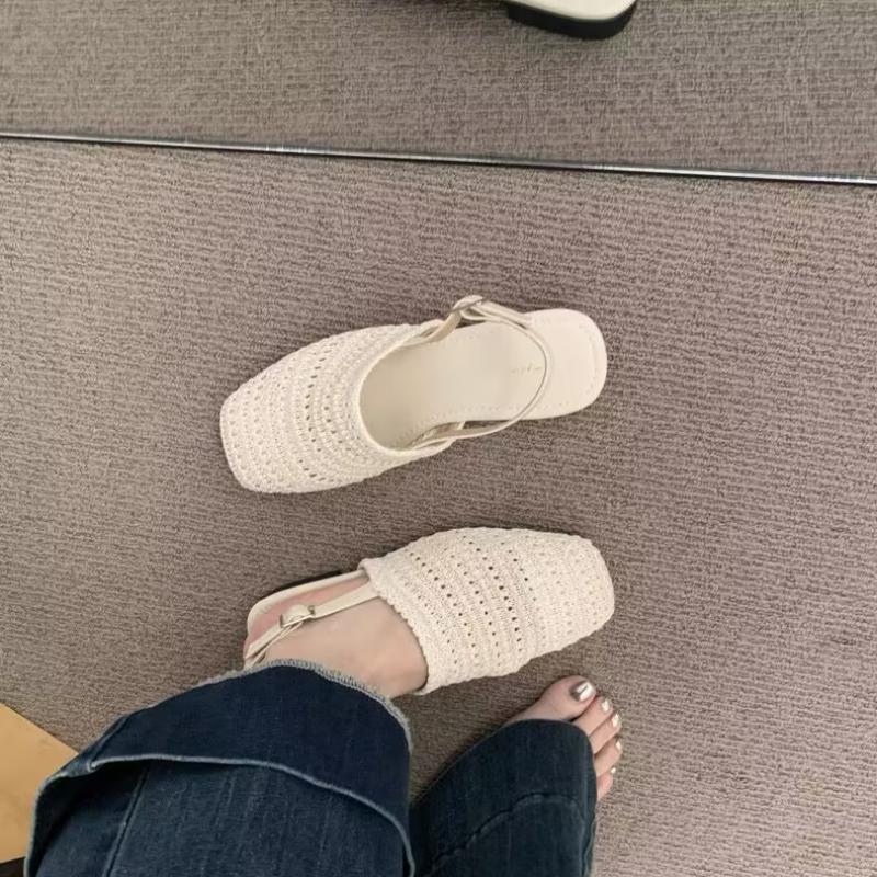 Fashion 2025 Summer New Block Heel Shallow Mouth Straw Bao Tou Back Empty Sandals Women's Shoes One Strap Low Heel Shoes