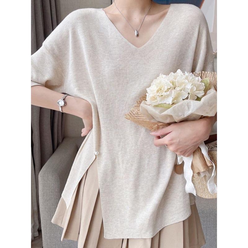 Spring and Autumn New Style Short-sleeved Women's Ice Silk Thin Style Loose Lazy Style Belly-covering V-neck Versatile