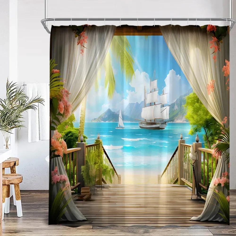 Moderní Krása Plážová Krajina Sprchový Závěs Letní Dovolená Plážová Krajina Plachtění Koupelnová Dekorace Sprchový Závěs