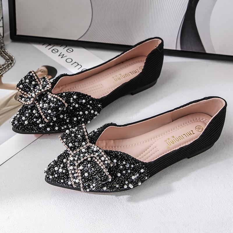 

Модная женская/девичья обувь с кристальным бантом, балетки с острым носком и блестками, элегантные женские жемчужные свадебные туфли, лоферы больших размеров 34-43 4.5 чёрный