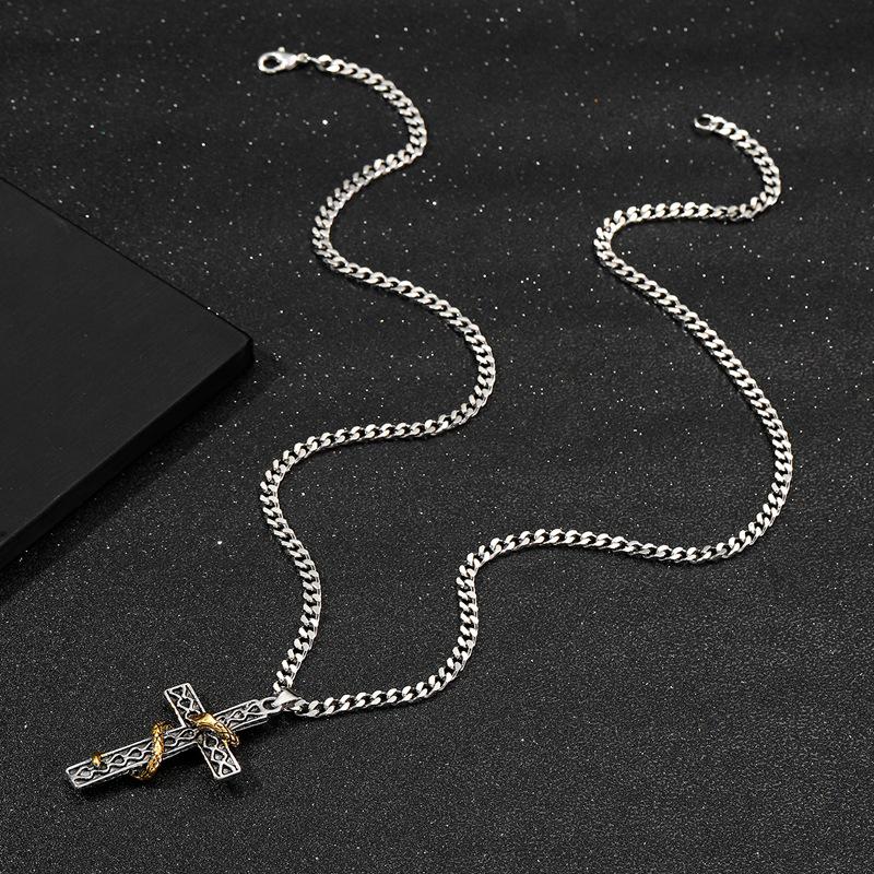 Gothic Two-Tone Snake-Wrapped Cross Pendant Necklace for Men