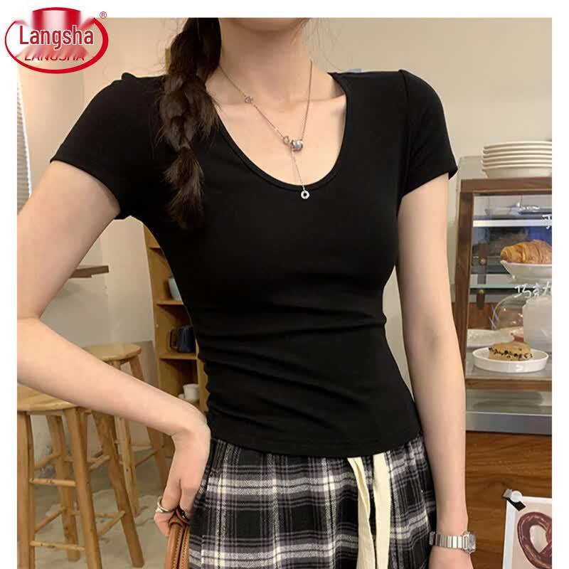 Langsha Women's Slim Fit U-Neck Short Sleeve T-Shirt