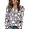 Women's Fashion V-Neck Button-Up T-Shirt With Christmas Print Long-Sleeved Top