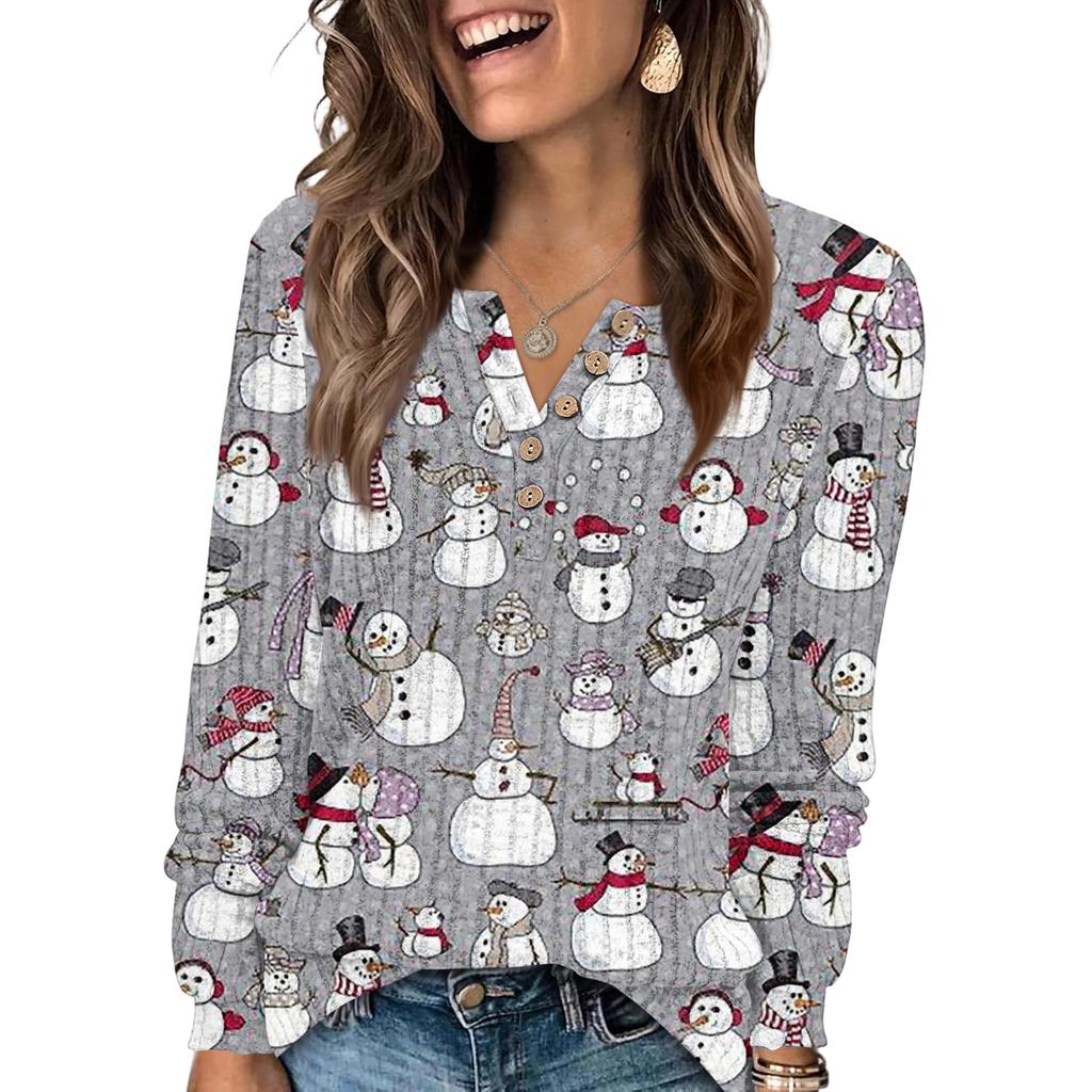 Women's Fashion V-Neck Button-Up T-Shirt With Christmas Print Long-Sleeved Top