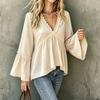 Women's Casual Loose Fit Bell Sleeve V-Neck Ruffled Blouse Top
