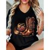 Sommer Damen T-Shirt Western Cowboy Stiefel mit Blumendruck Retro Mode Lässig Oversized V-Ausschnitt Damenbekleidung
