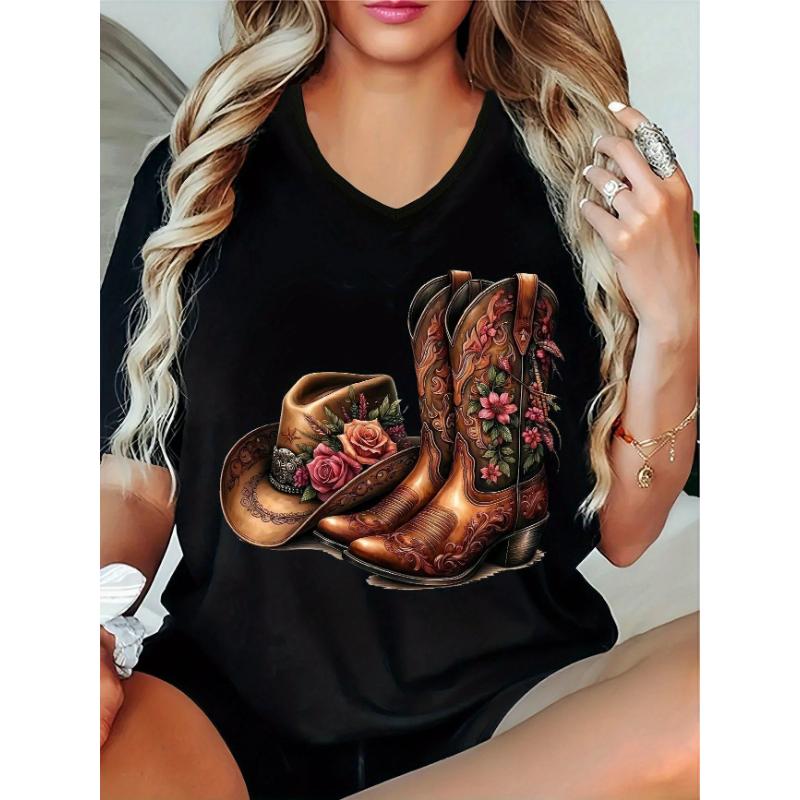 

Летняя женская футболка Западные ковбойские сапоги с цветочным принтом Ретро мода Повседневная Оверсайз V-образный вырез Женская одежда XS