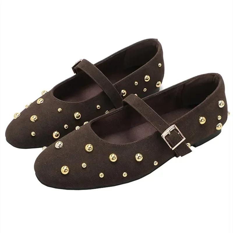 Rivets Design Ballet Flats Women Faux Suede Belt Metal Buckle Low Heel Women Shoes Non-slip Soft Sole Mary Jane Shoes