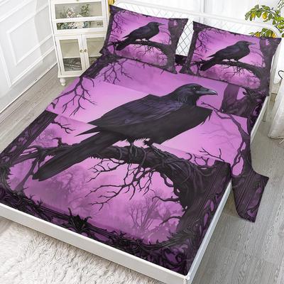 Set di Quattro Pezzi di un Albero Secco e un Corvo, Una Misteriosa Combinazione di Nero e Viola, Adatto per la Camera da Letto (Cultura)