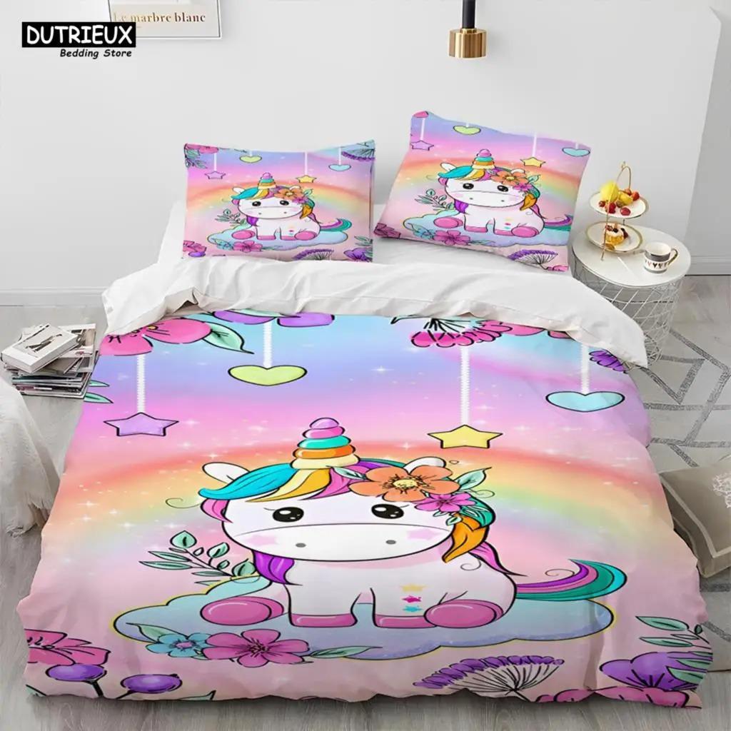 Einhorn Niedlich Cartoon Bettdecke Bettwäsche Set,Bettbezug Bett Set Bettdeckenbezug Kissenbezug,Queen Bettwäsche Set