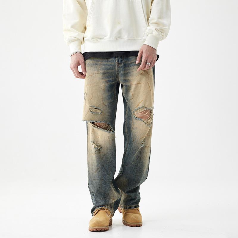 Graffiti Denim Amerikanische High Street zerrissene Jeans Herren Clean Fit Retro Straight alt gewaschene Hosen Herren