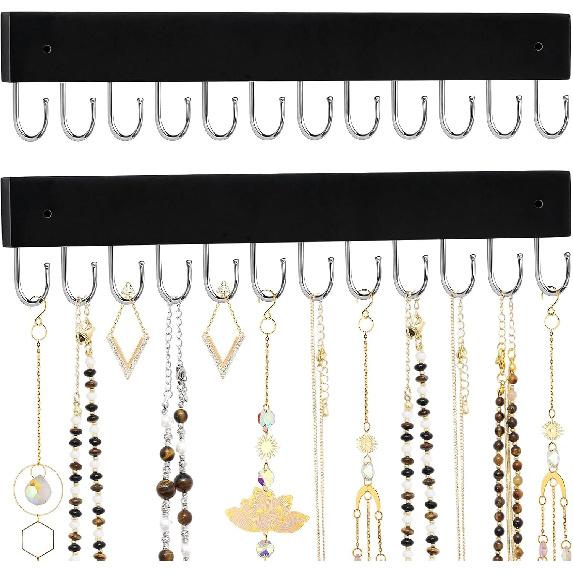 Hanging Jewelry Organizer, 2 Pack Necklace Holder for Wall White Wooden Necklace Organizer Hangers with 24 Hooks Jewelry Display Hangers Wall Mounted чёрный