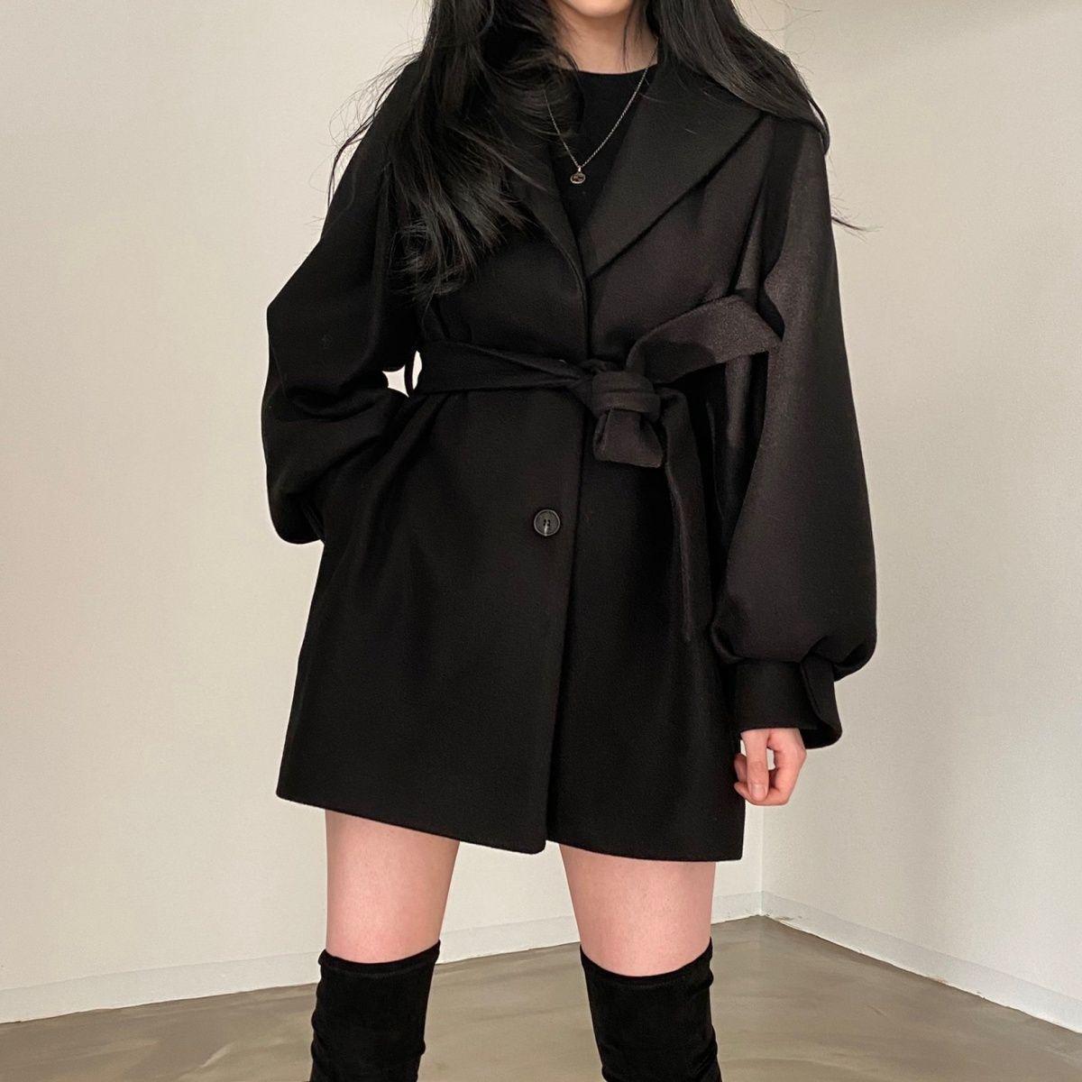 2025 Autumn/Winter Women s Korean Chic Retro Woolen Trench Coat S чёрный
