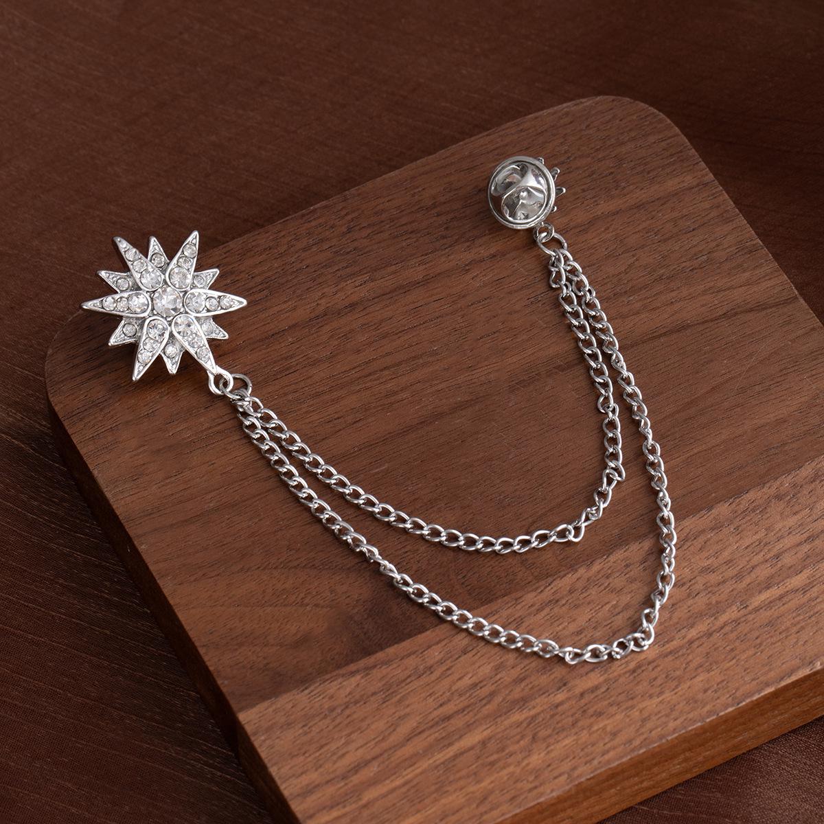 Elegant Six-Pointed Star Crystal Brooch Lapel Pin Collar Chain