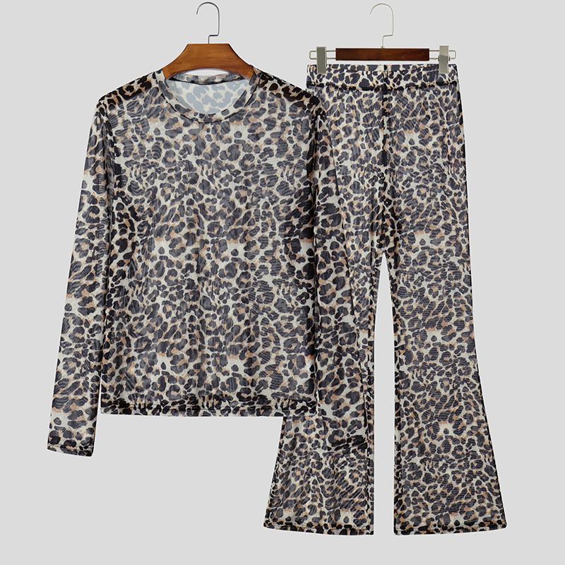 INCERUN Zweiteiliges Sommer-Set für Herren aus transparentem Netzstoff mit Leopardenmuster, durchsichtige Hose, Club-Outfit