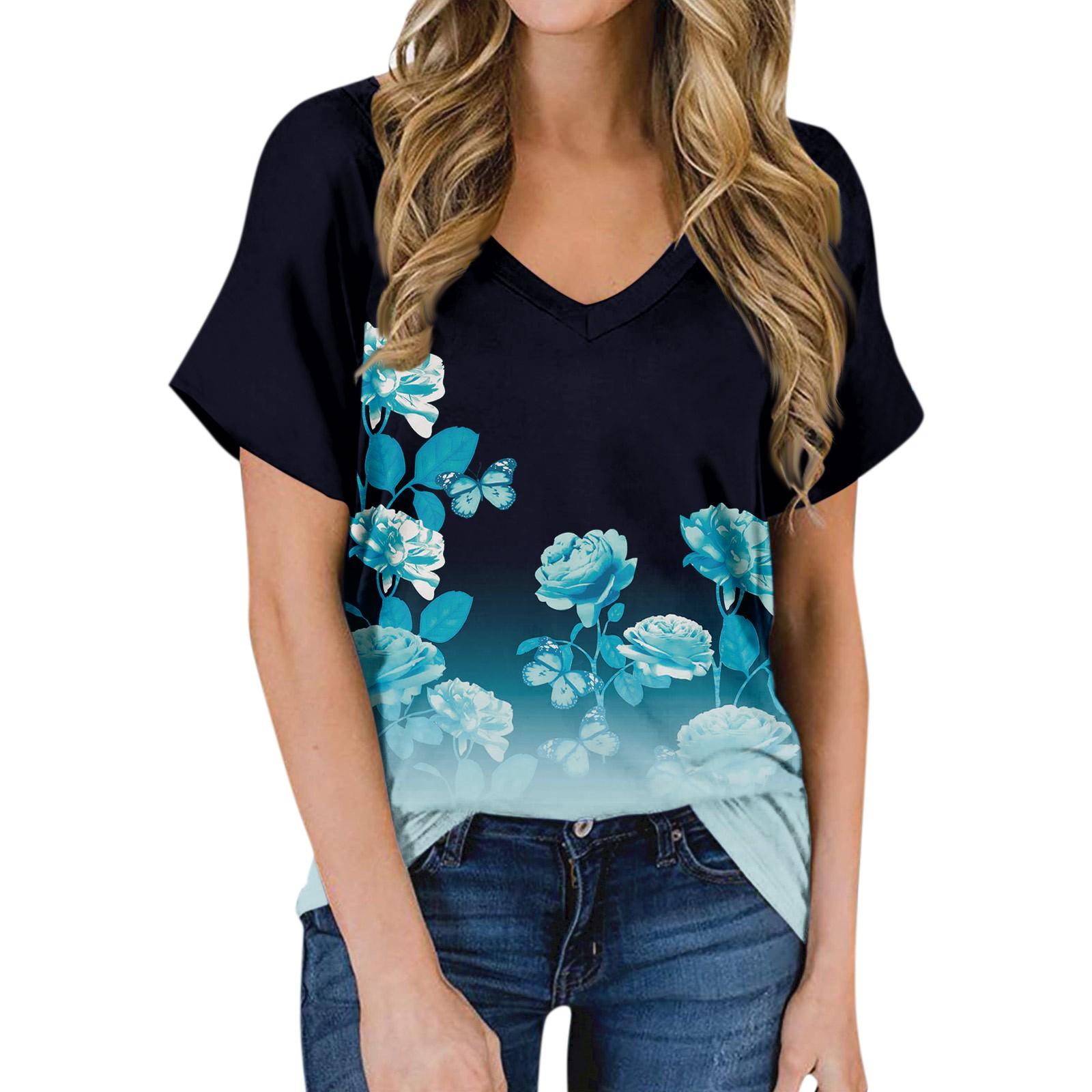 

Женская летняя модная повседневная блузка с V-образным вырезом и коротким рукавом с принтом