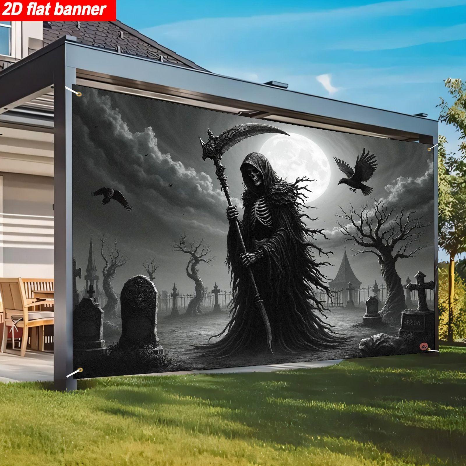 2D flat, 1pc Gothic Halloween banner - Death, Skull, cemetery background - Ghost Halloween party decoration 130x150cm