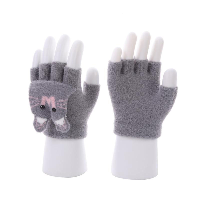 Wool Knitted Children's Half-finger Cute Cartoon Thickened Clamshell Warm Autumn and Winter Korean Version Student Cold-proof Winter Gloves