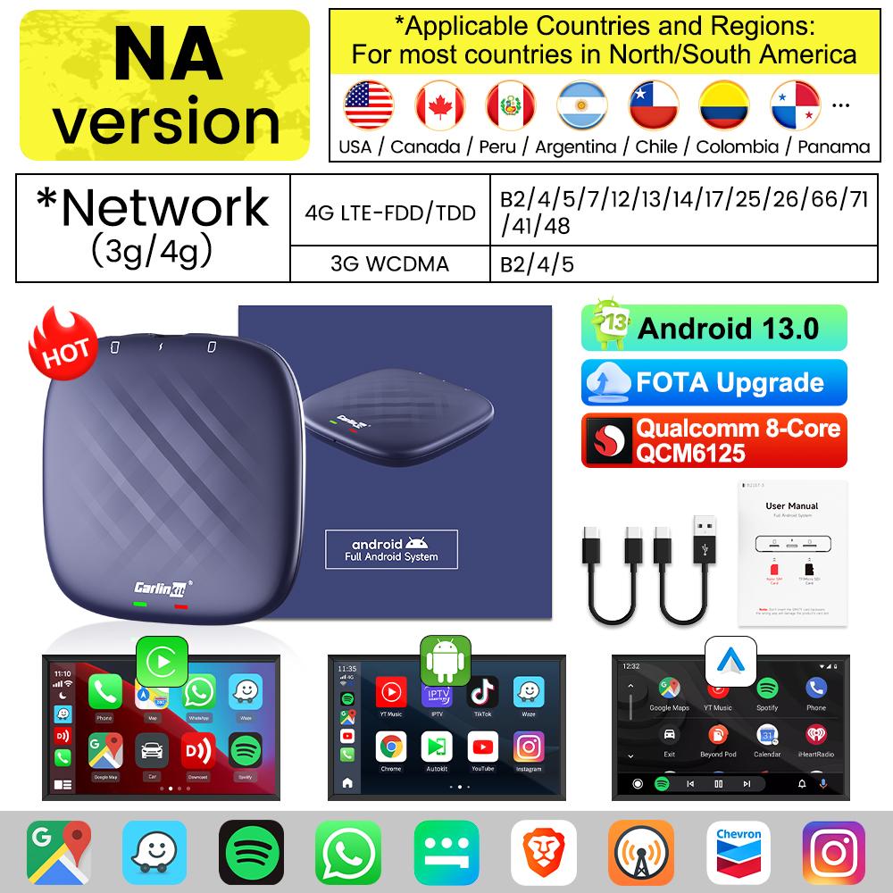 AWQ1 2025 CarlinKit CarPlay AI Box Android 13.0 SM6225 QCM6125 Android Auto Wireless CarPlay Adapter 2.4+5GGPS 64G 128G FOTA Upgrade