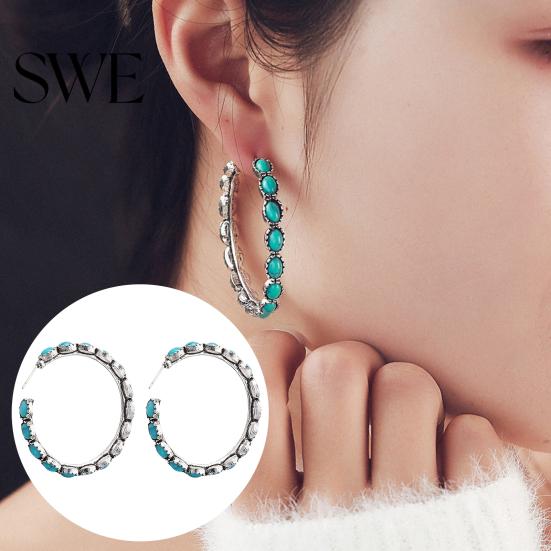 Turquoise Hoop Earrings Vintage Boho Style Circle Large Statement Elegant Plated Jewelry for Women