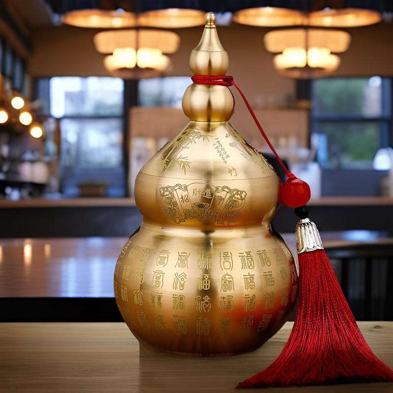 Brass Gourd Feng Shui Ornament with Tassel - Symbol of Good Luck and Wealth Tabletop Storage Brass Gourd Decor
