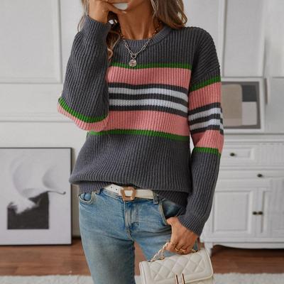 Women's Sweater Autumn and Winter Loose Pullover Contrast Color Round Neck Striped Knitted Sweater for Women